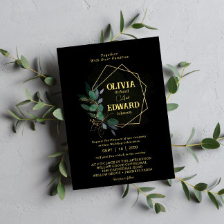 Geometric ram greenery foliage Black bröllop Inbjudningar