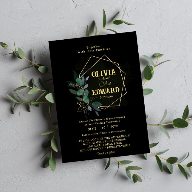 Geometric ram greenery foliage Black bröllop Inbjudningar (Skapare uppladdad)