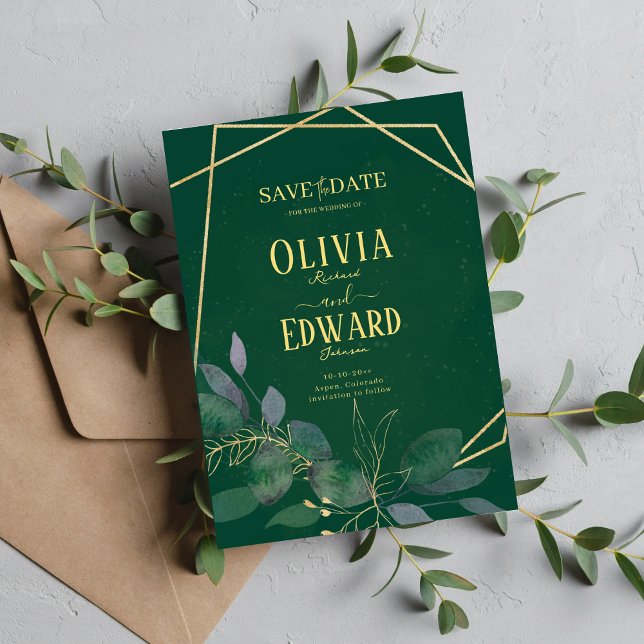 Geometric ram grönt och guld löv spara datumet (Skapare uppladdad)