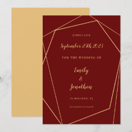 Geometric Ram Script Burgundy Guld Bröllop Spara Datumet