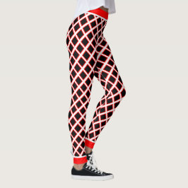 Geometric Red and White Line Mönster på Black Leggings
