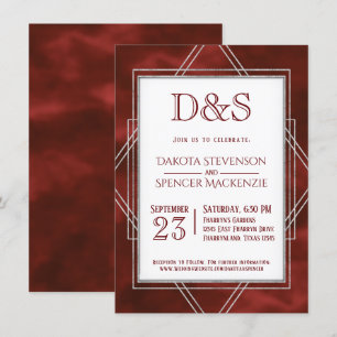 Geometric Red Art Deco Modern Monogram Bröllop Inbjudningar