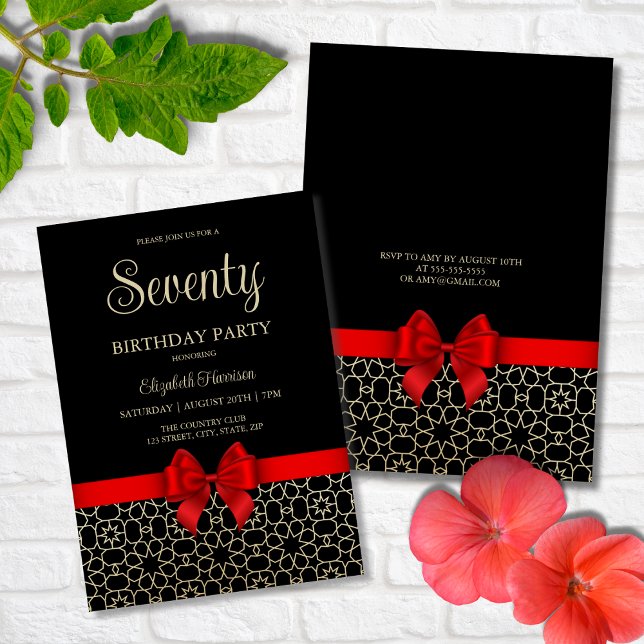 Geometric Red Bow 70:e födelsedag i modern Guld-Eg Inbjudningar (Skapare uppladdad)