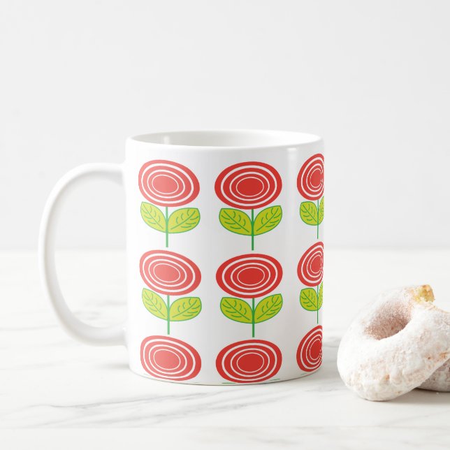 Geometric Red Flower Blommigt Kaffemugg (Med munk)
