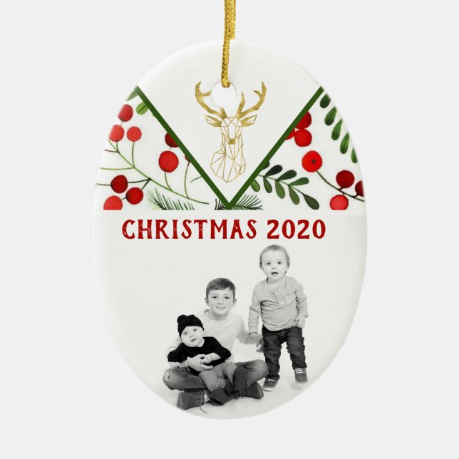 Geometric Reindeer Modern Holly Photo Ornament (Framsidan)