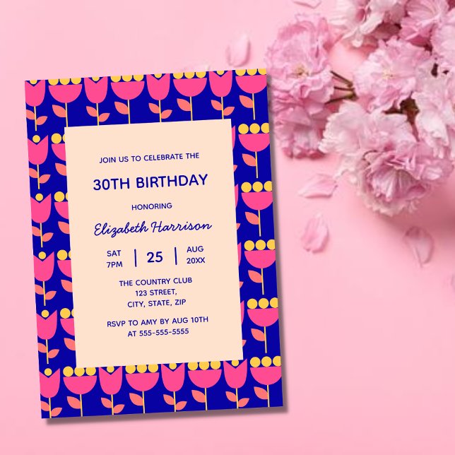 Geometric Retro Flower Bauhaus Blue Birthday Inbjudningar (Skapare uppladdad)