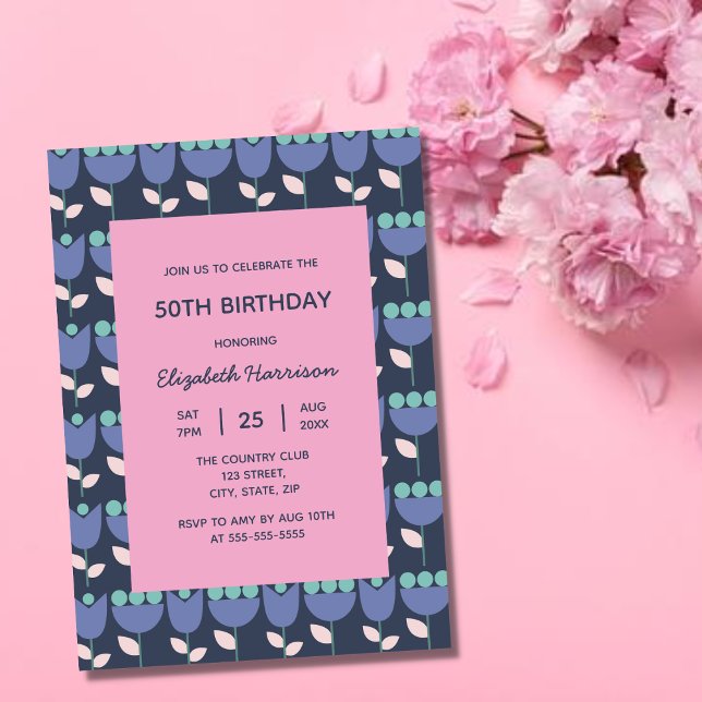 Geometric Retro Flower Bauhaus Navy Rosa Birthday Inbjudningar (Skapare uppladdad)
