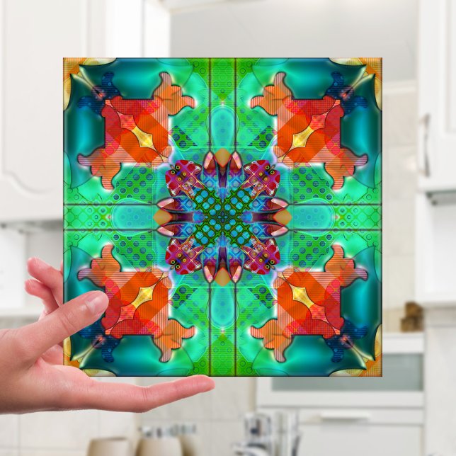 Geometric Retro Psychedelic Kaleidoscope Tile Kakelplatta (Tile featuring a unique geometric abstract kaleidoscope pattern in vibrant colors)
