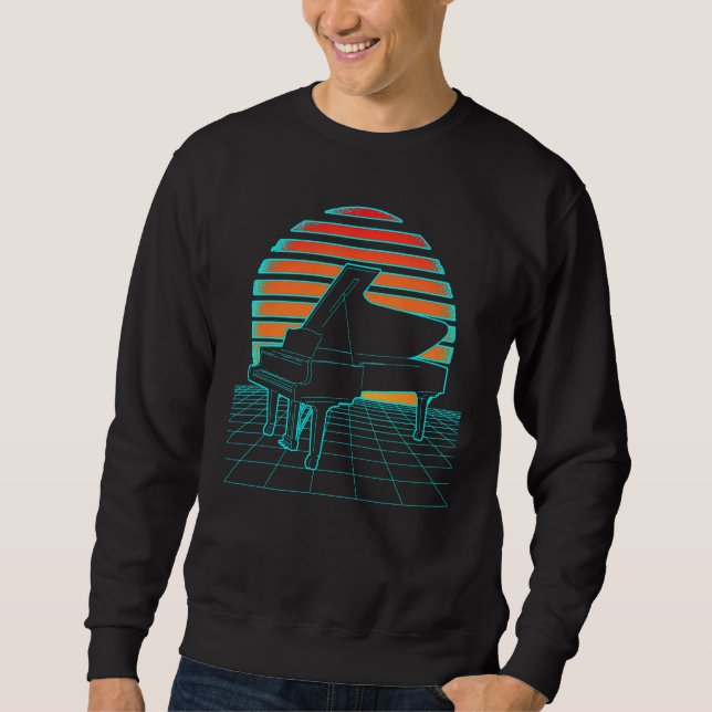 Geometric Retro Wave Piano Futurism for Musician P Lång Ärmad Tröja (Framsida)