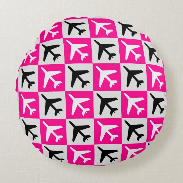 Geometric Rosa Aviation Jet Flygplan Rund Kudde (Framsidan)