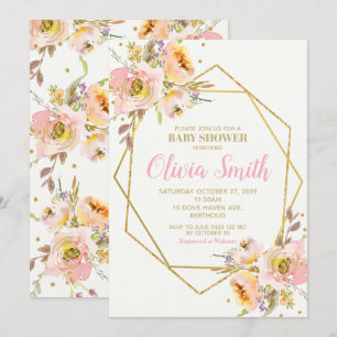 Geometric Rosa Blommigt Baby Shower Girl Inbjudningar
