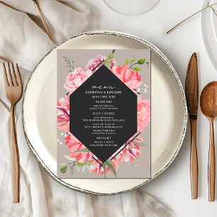 Geometric Rosa Blommigt Grått Bröllop Menu Meny