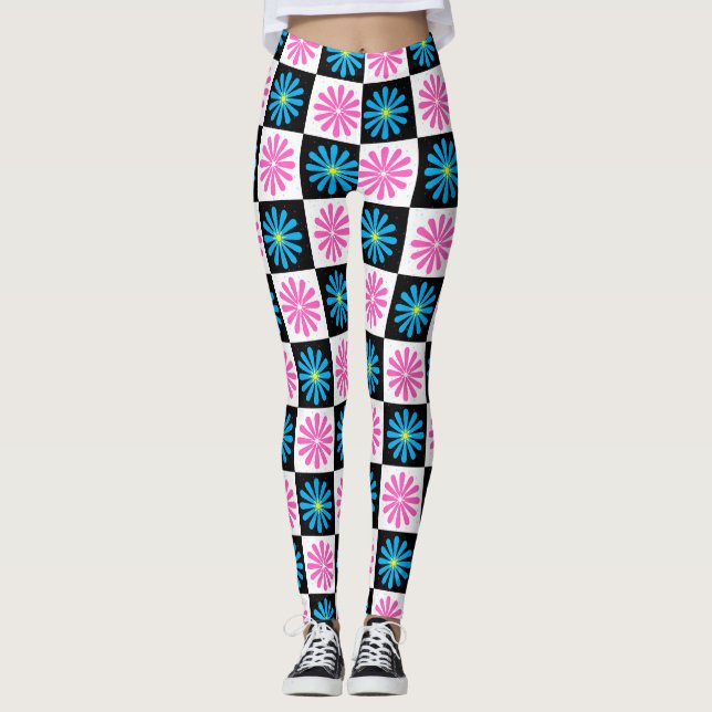 Geometric Rosa Blue-Blommönster Leggings (Framsida)