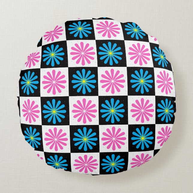 Geometric Rosa Blue-Blommönster Rund Kudde (Framsidan)