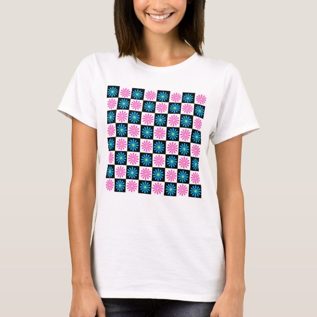 Geometric Rosa Blue-Blommönster T Shirt (Framsida)