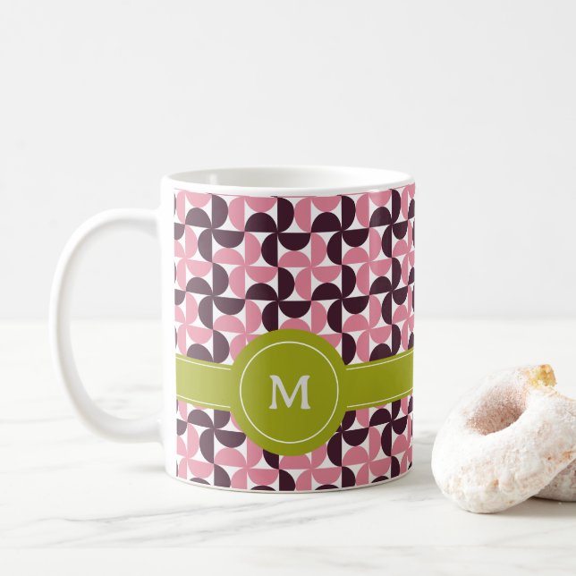 Geometric Rosa Burgundy Blommigt Grönt Lime Monogr Kaffemugg (Med munk)