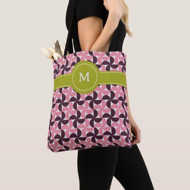Geometric Rosa Burgundy Blommigt Grönt Lime Monogr Tygkasse (Närbild)