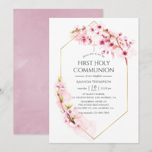 Geometric Rosa Cherry Blommar First Communion Inbjudningar