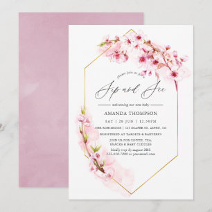 Geometric Rosa Cherry Blommar Sip and See Party Inbjudningar