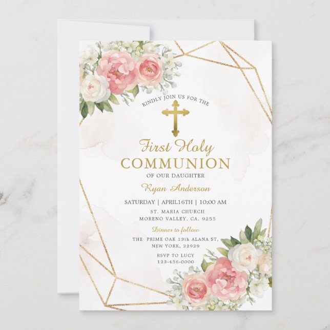 Geometric Rosa ros First Heliga Communion Inbjudningar (Framsida)