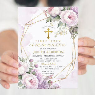 Geometric Rosa ros First Heliga Communion Inbjudningar