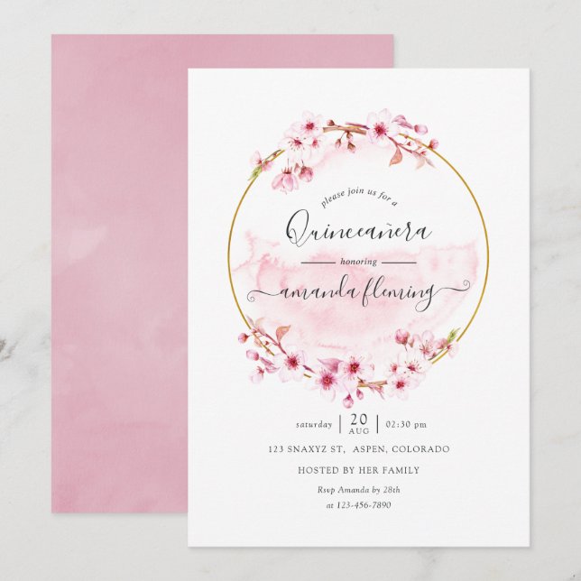 Geometric Rosa Vår Cherry Blommar Quinceañera Inbjudningar (Fram/baksida)