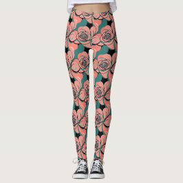 Geometric Roses In Shades Of Black And Teal Leggings