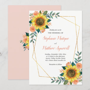 Geometric Solros Peach Ro Blommigt Bröllop Inbjudningar