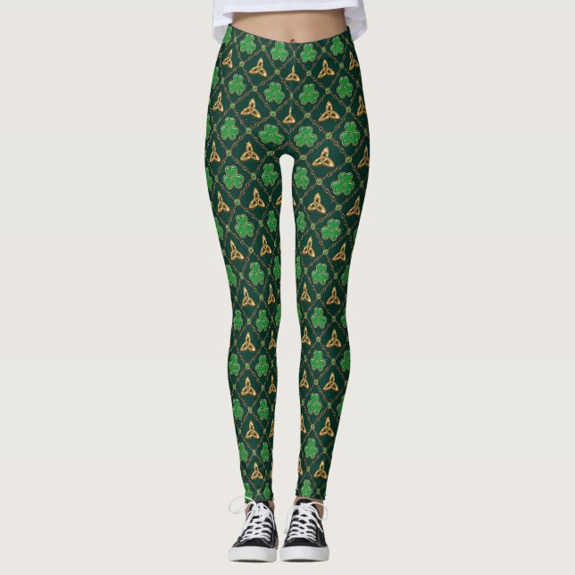 Geometric St patricks day Celtic Triskele Shamrock Leggings (Framsida)
