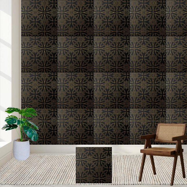 Geometric Starburst Tile - Black and Guld Mönster Kakelplatta (Geometric Starburst Tile - Black and Gold Pattern)
