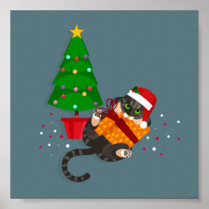 Geometric Tabby katt leker med julklapp Poster