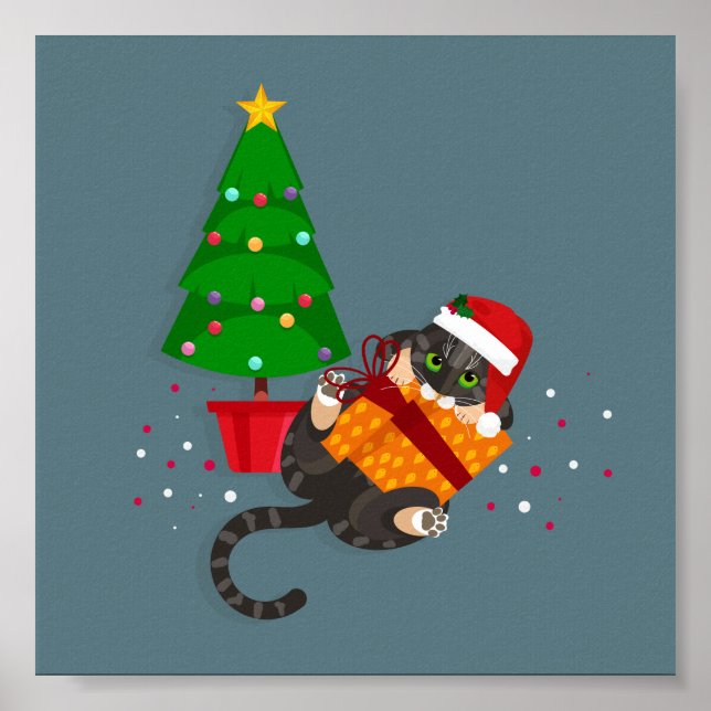 Geometric Tabby katt leker med julklapp Poster (Framsidan)