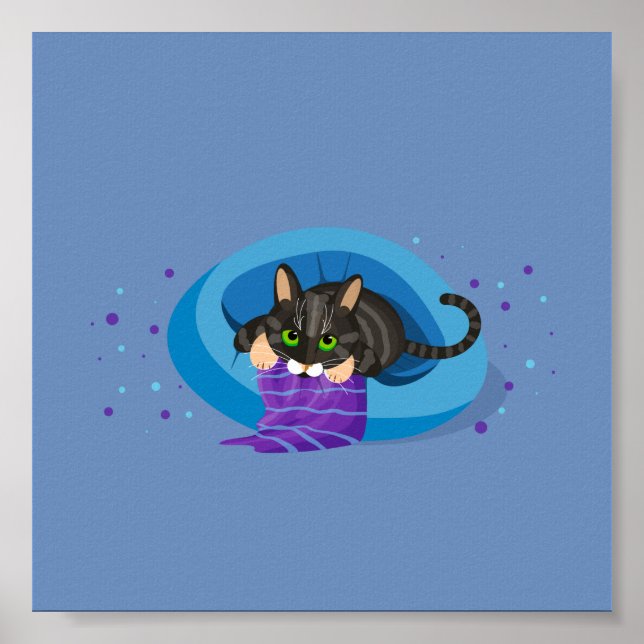 Geometric tabby katt på sängen med stripe-filt poster (Framsidan)