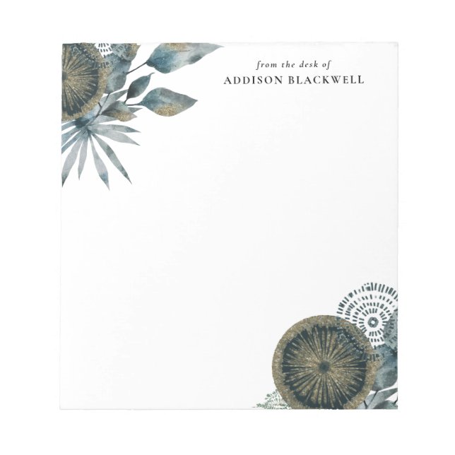 Geometric Teal Blue Guld Löv från skrivbordet av Anteckningsblock (Framsida)