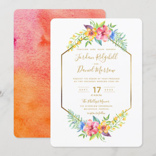 Geometric Tropical Blommigt Guld Watercolor Bröllo Inbjudningar