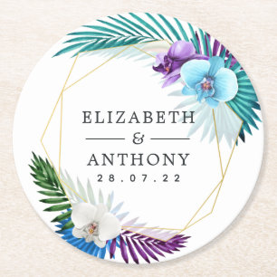 Geometric Tropical Orchids Beach Wedding Underlägg Papper Rund