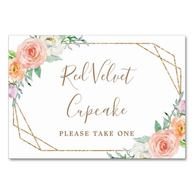 Geometric Watercolor Flowers Bröllop Food Label Bordsnummer (Framsidan)