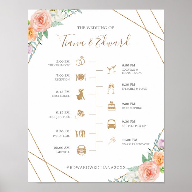 Geometric Watercolor Flowers Bröllop Timeline-teck Poster (Framsidan)