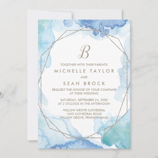 Geometric Watercolor Monogram Bröllop Inbjudningar (Framsida)
