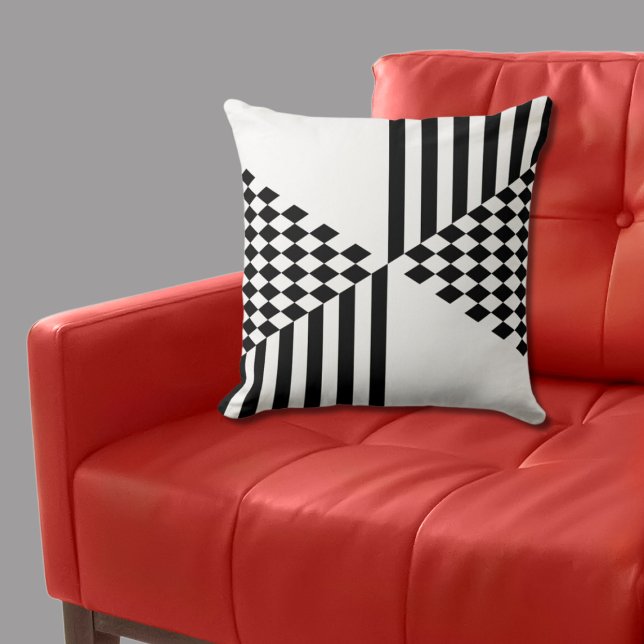 Geometric White & Black Rand Diamond-Checkers Kudde (Geometric White & Black Stripes Diamond Checkers Throw Pillow)