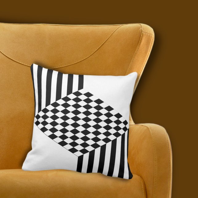 Geometric White & Black Rand Diamond-Checkers Kudde (Geometric White & Black Stripes Diamond Checkers Throw Pillow)