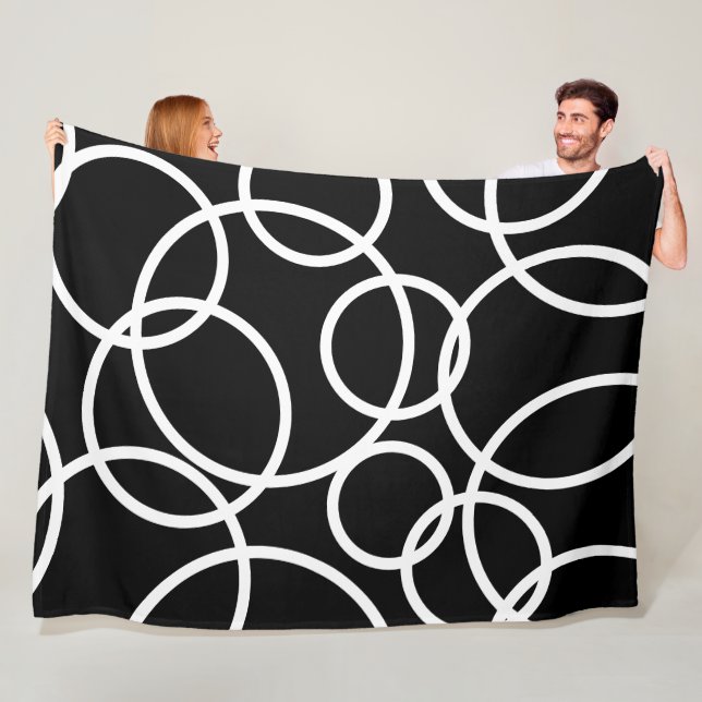Geometric White Circles Black Modern Abstrakt Fleecefilt (På plats)
