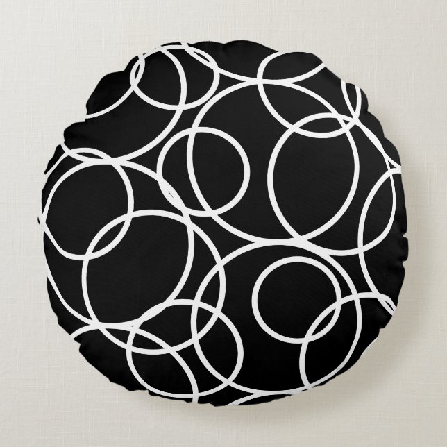 Geometric White Circles Black Modern Abstrakt Rund Kudde (Framsidan)