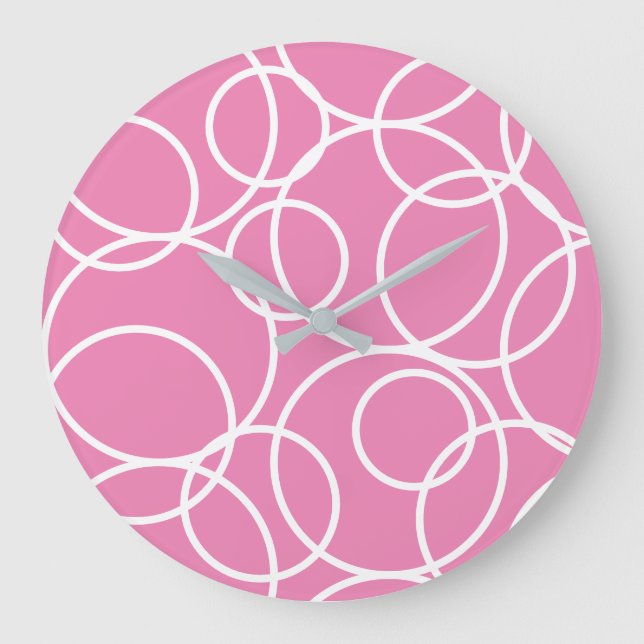 Geometric White Circles Rosa Modern Abstrakt Stor Klocka (Framsida)