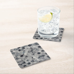 Geometric White, Grått och Black Hexagon Mönster Underlägg Papper Kvadrat