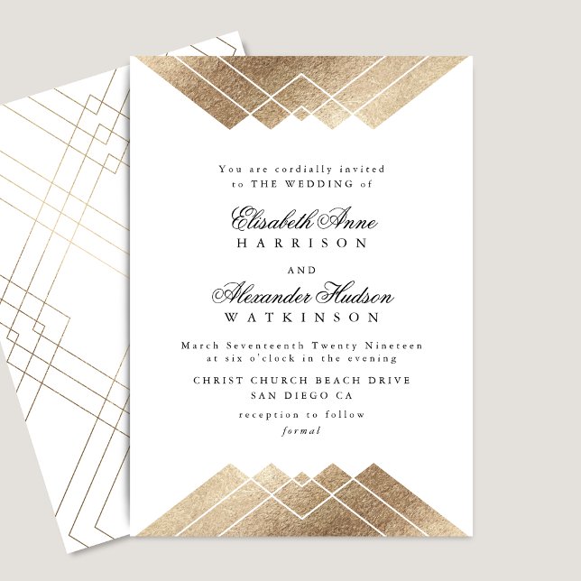 Geometric White Guld Gatsby Calligraphy Bröllop Inbjudningar (Skapare uppladdad)