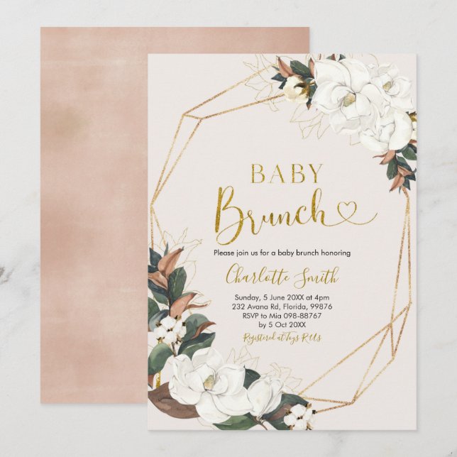 Geometric White Magnolia Baby Brunch-inbjudan Inbjudningar (Fram/baksida)