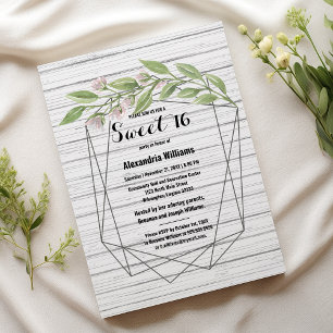 Geometric white wood grönt blommigt Sweet 16 Inbjudningar