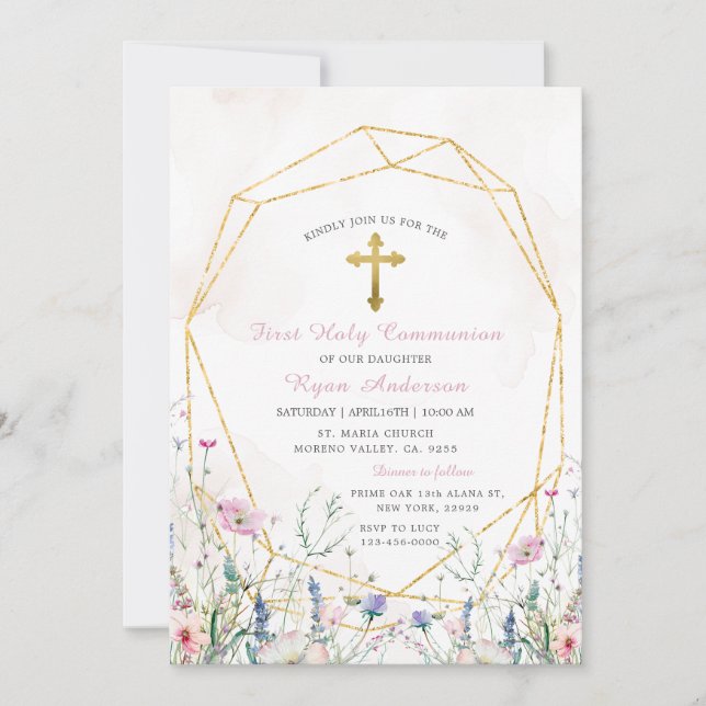 Geometric Wildblomme First Heliga Communion Inbjudningar (Framsida)