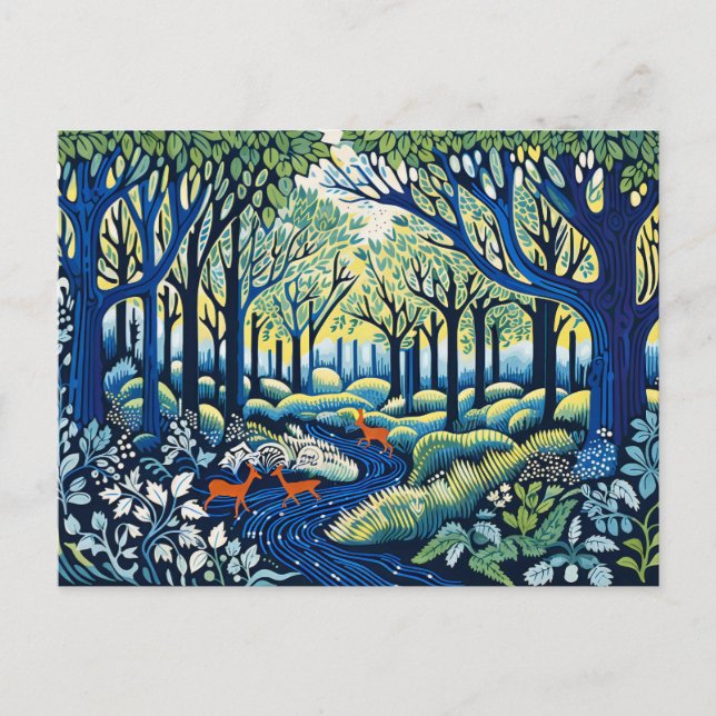 Geometric Wilderness i Linocut. Springtime Helg Vykort (Framsida)